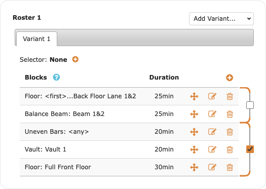 A GymSolver class's saved Roster 1 setup - its equipment blocks and durations, reusable and adjustable, kept in the system.